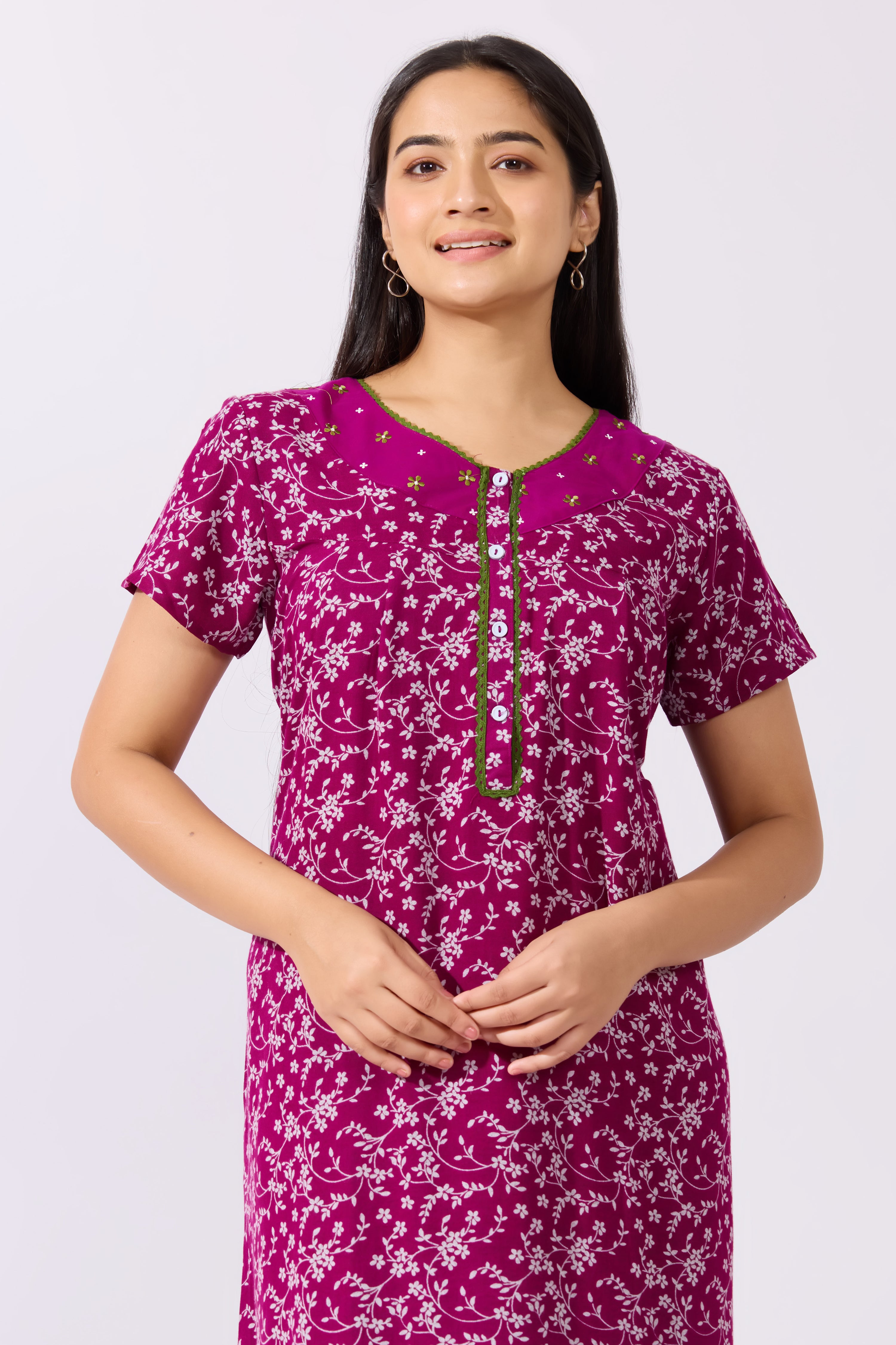 Ditsy Floral Printed Purple Nighty with Front Open Button
