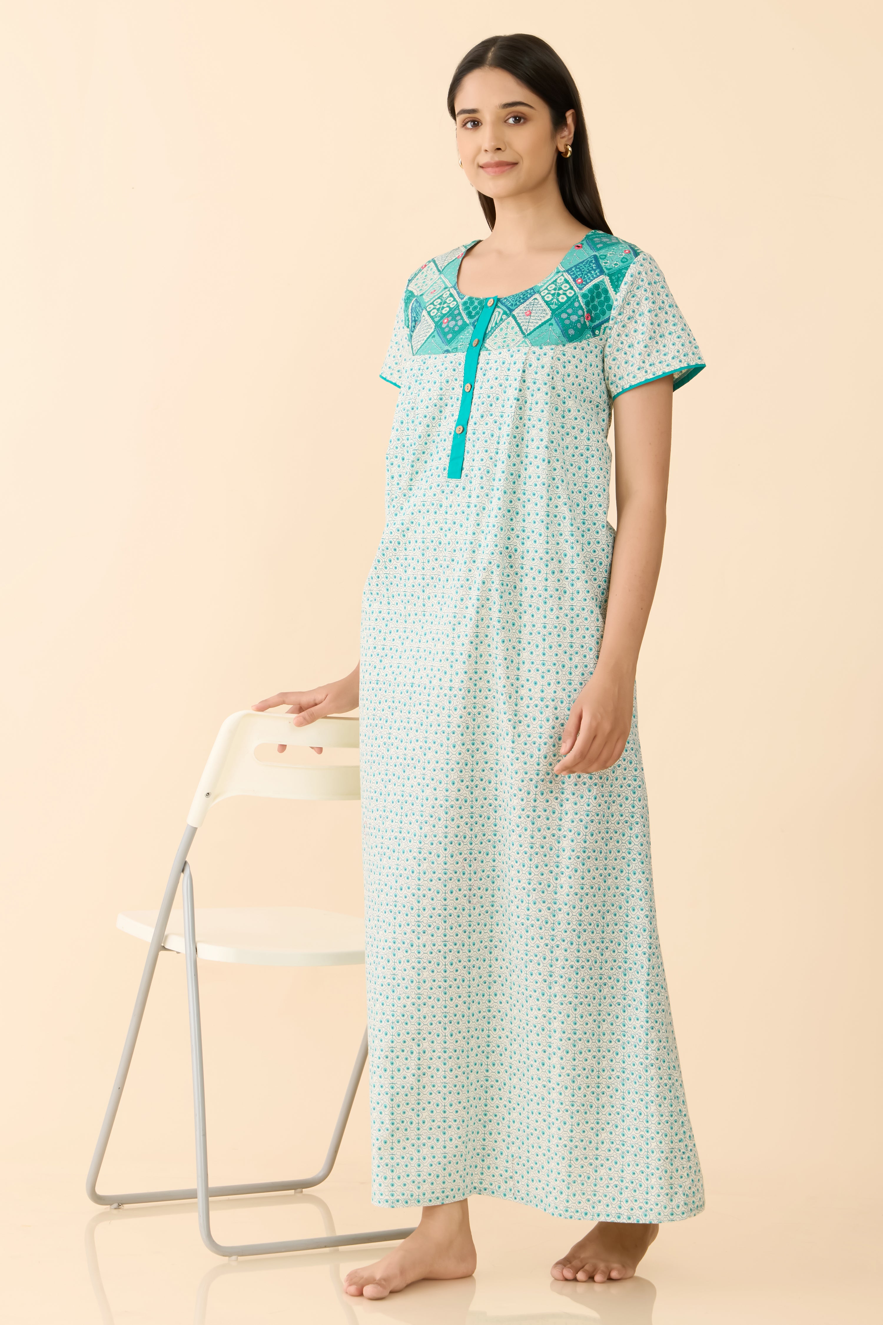 Turquoise Floral Cotton Nightwear with Patchwork Yoke