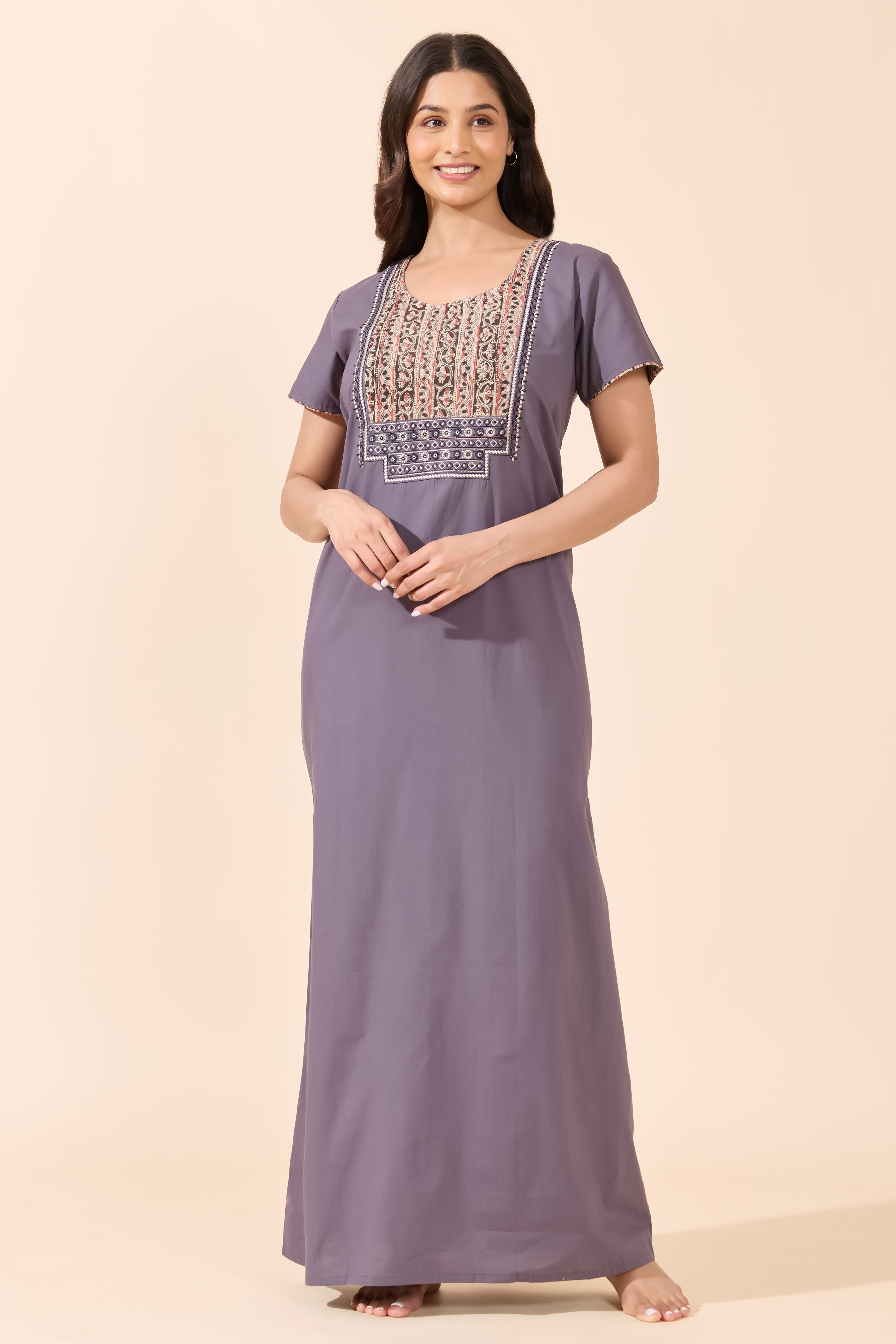 Grey Solid Cotton Nightwear