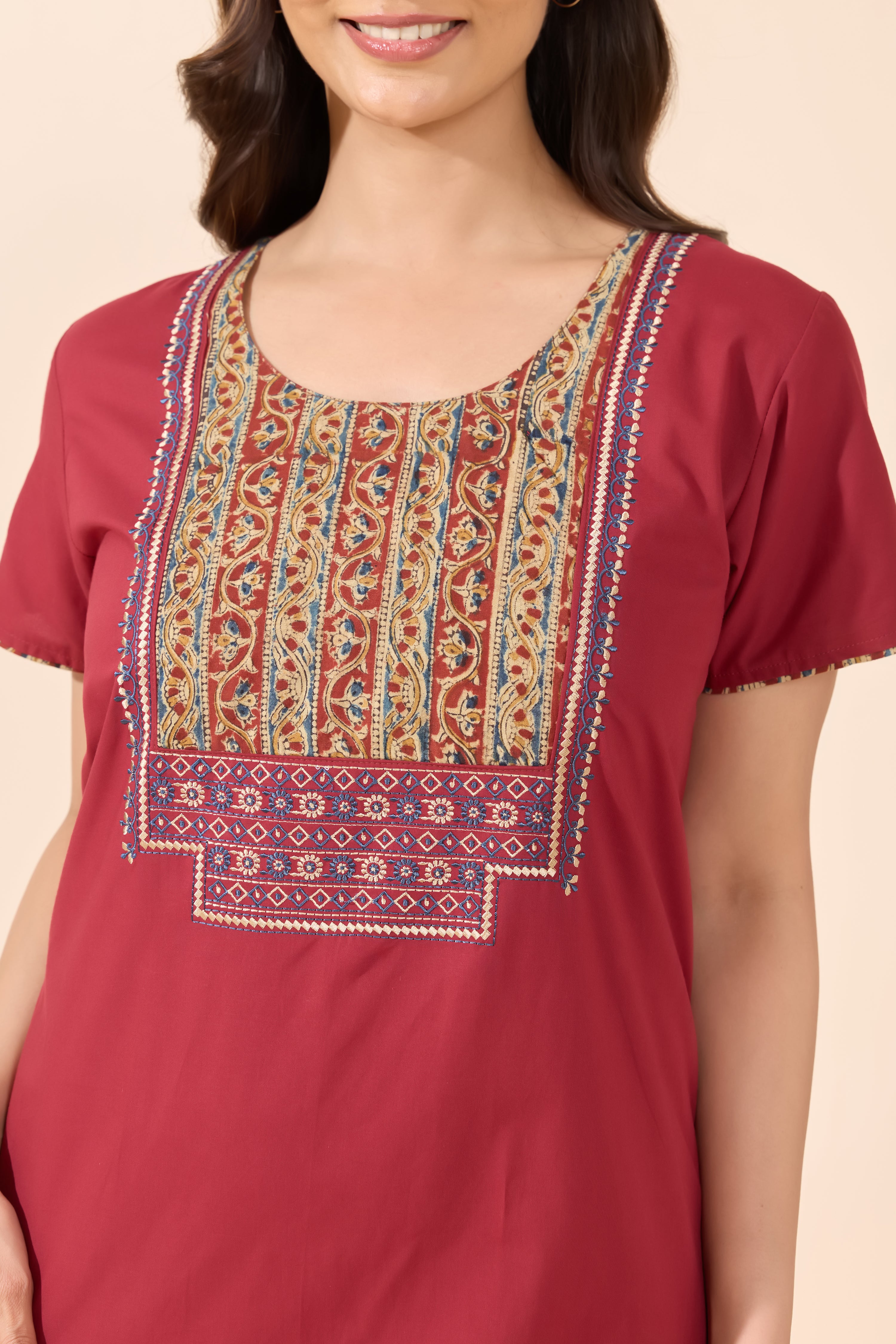 Maroon Cotton Nightwear with Kalamkari Printed Yoke