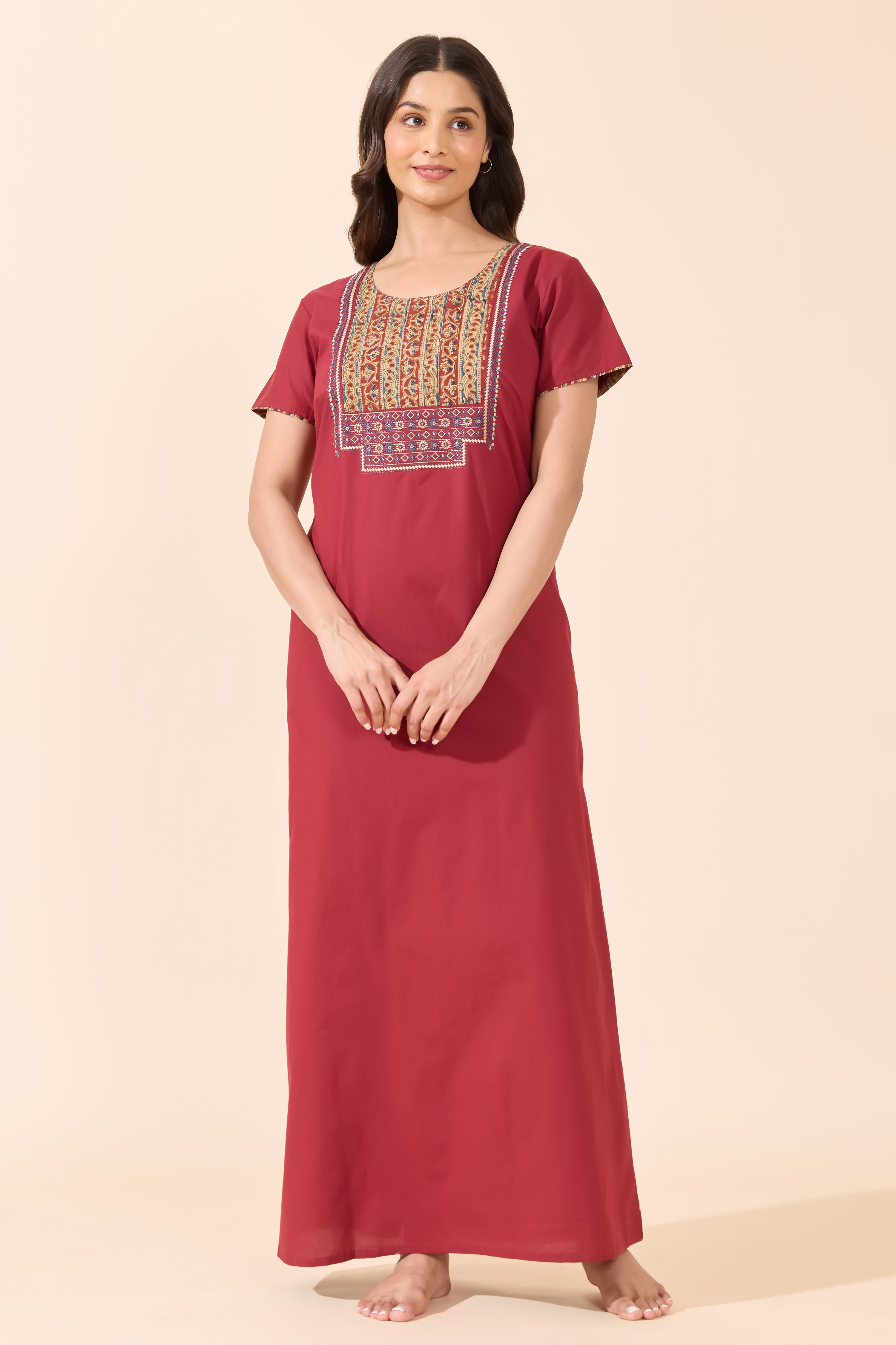 Maroon Cotton Nightwear with Kalamkari Printed Yoke