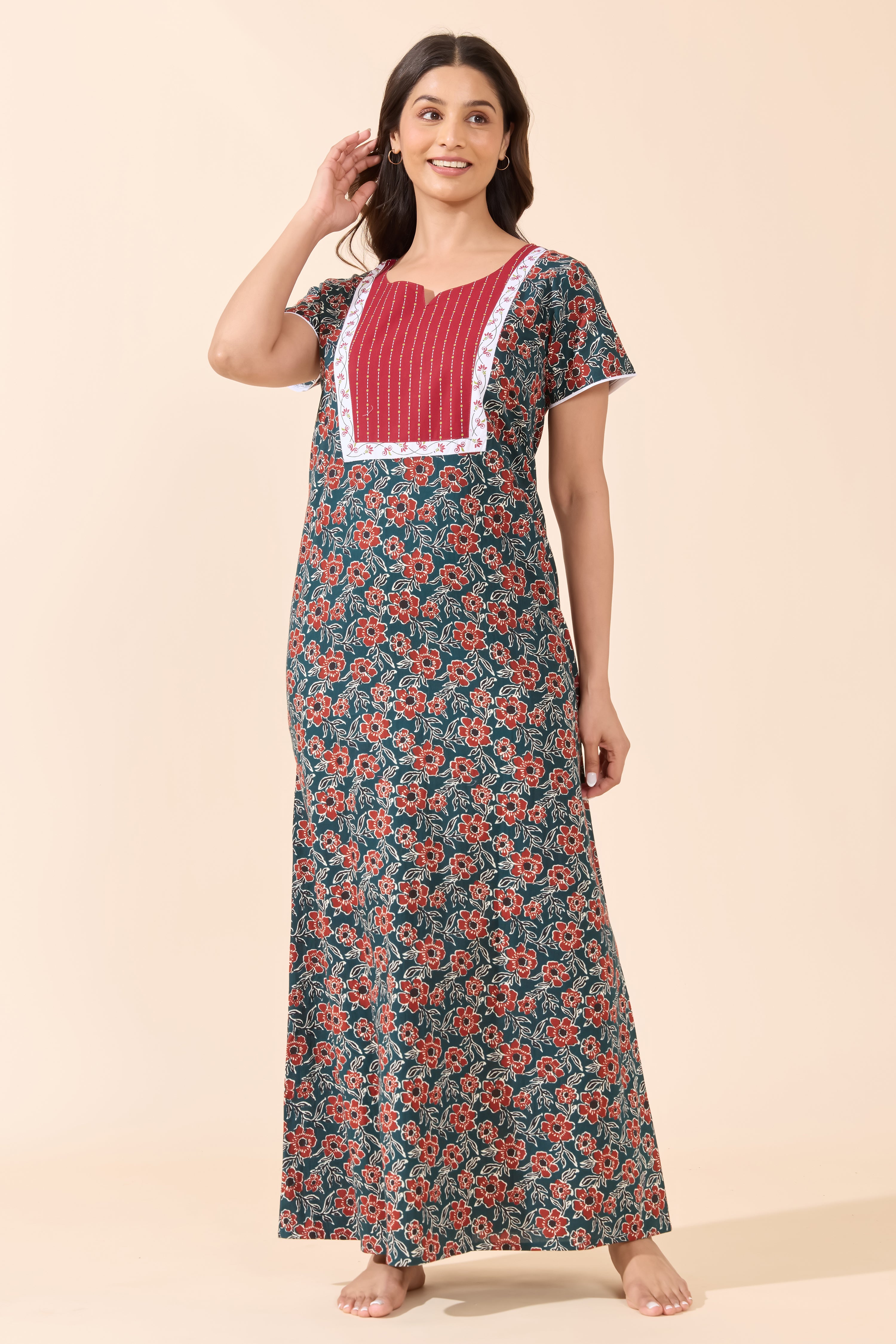 Green Floral Printed Cotton Nightwear