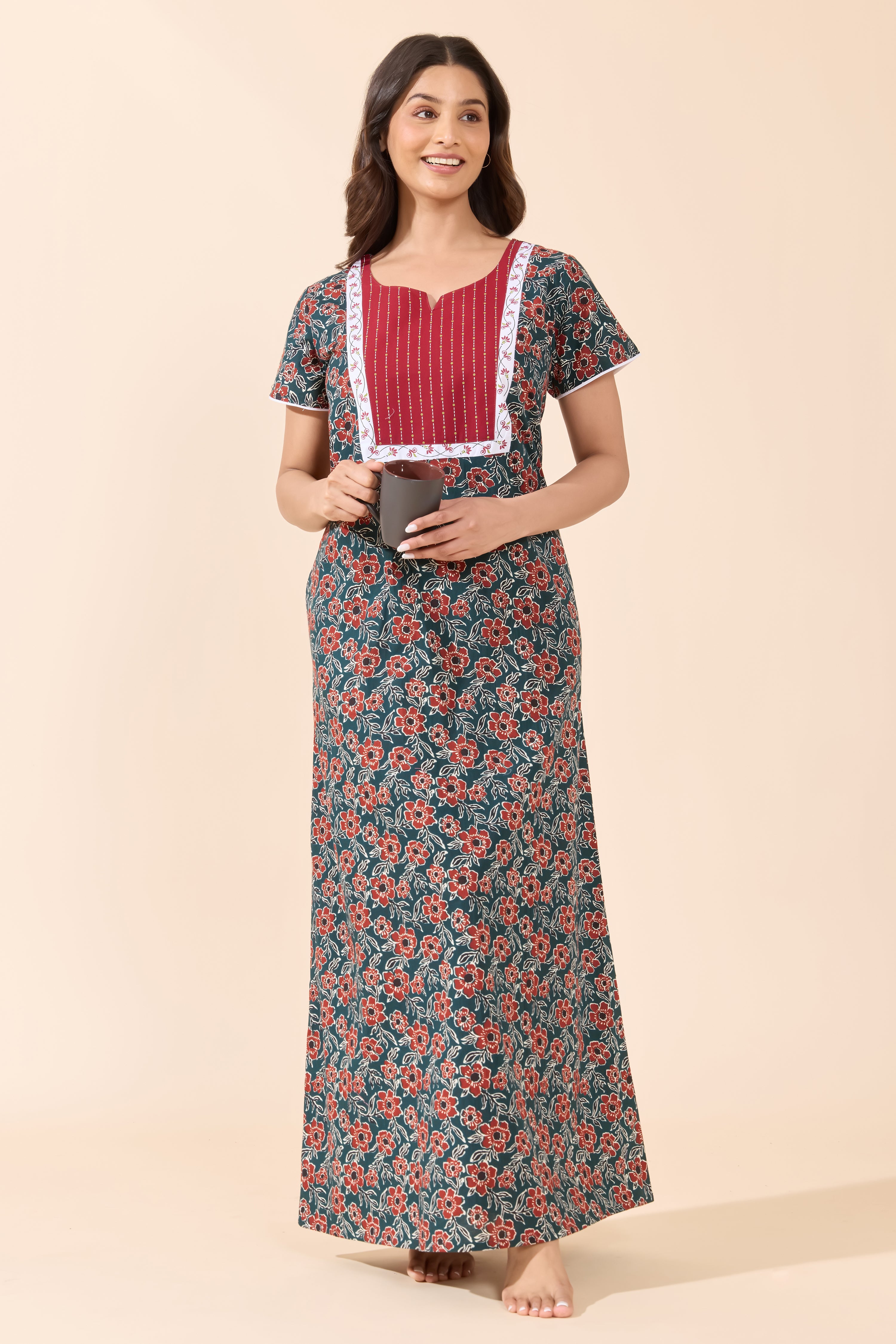 Green Floral Printed Cotton Nightwear