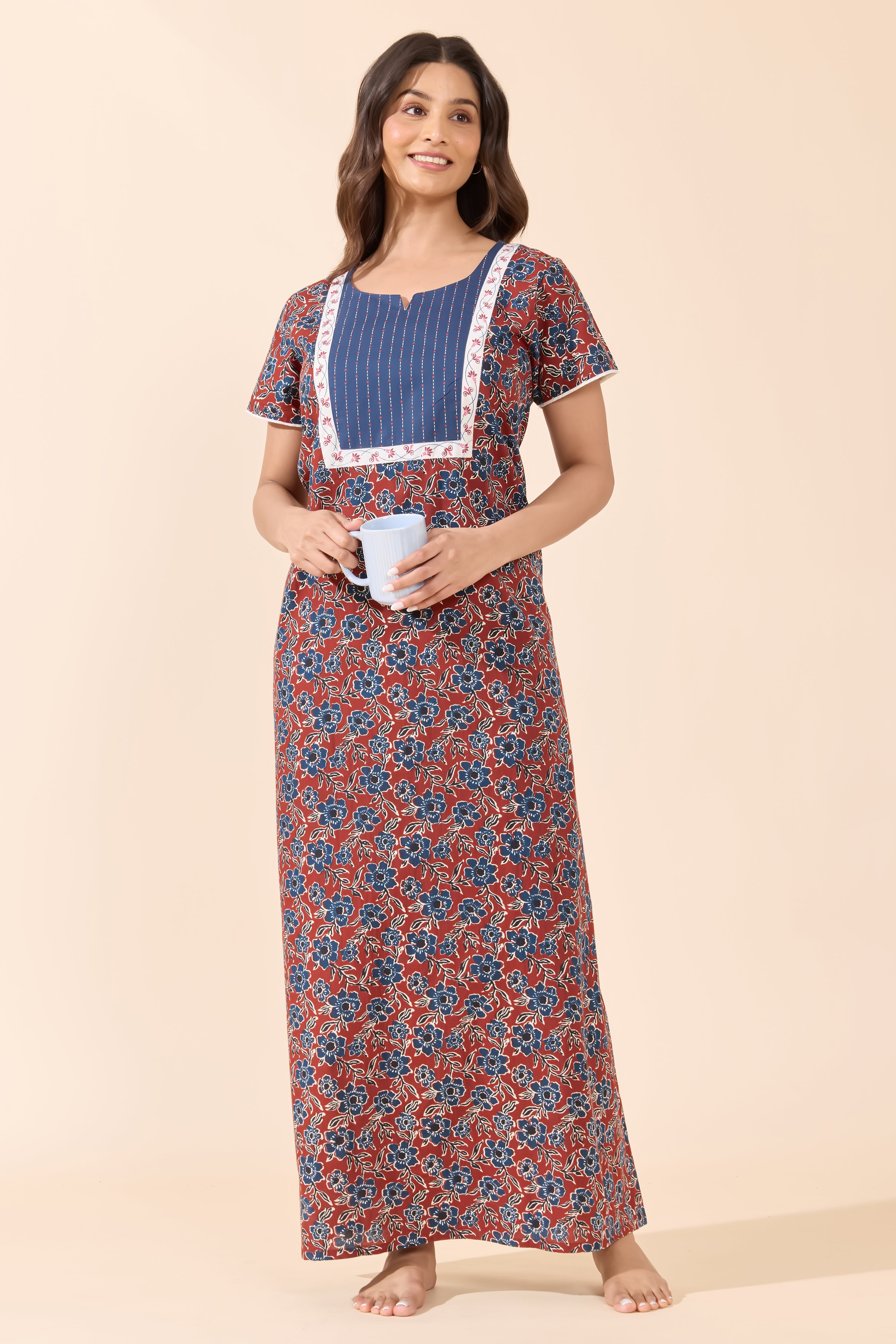 Red Floral Printed Cotton Nightwear