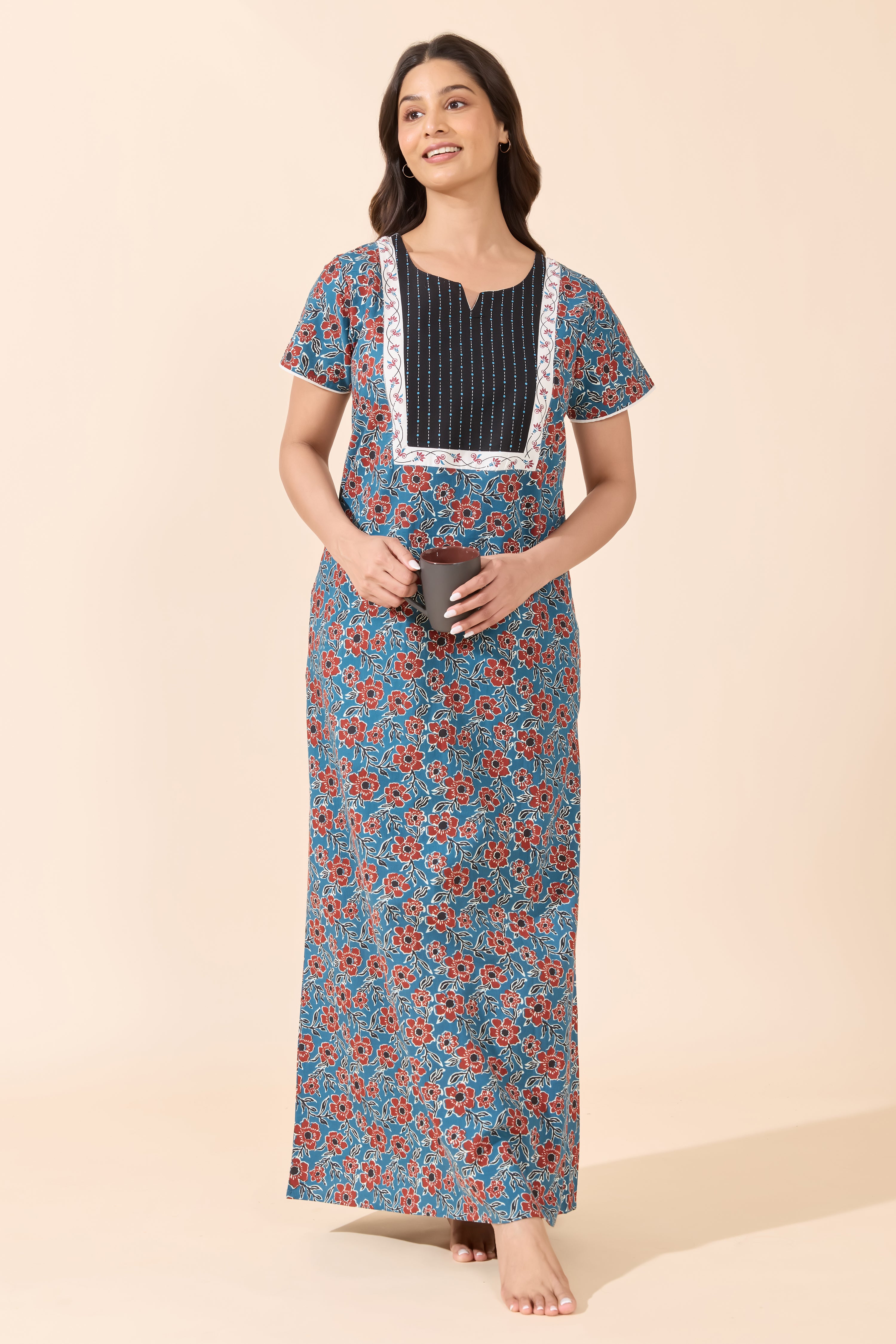 Blue Floral Printed Cotton Nightwear
