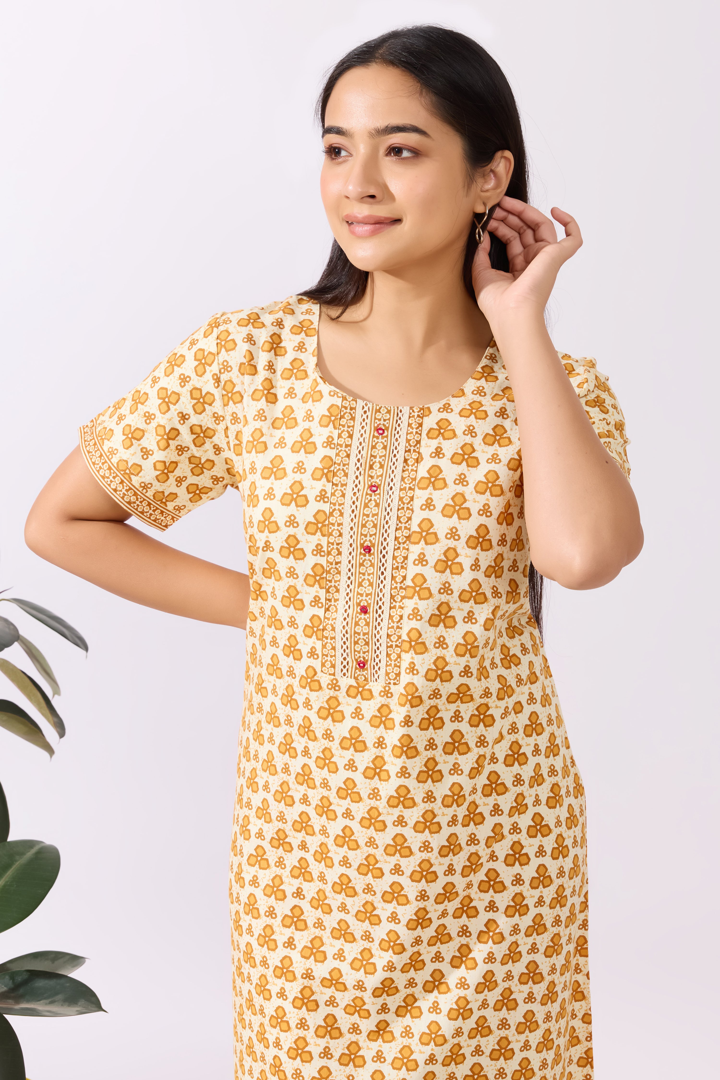 Geometry Printed Cotton Nighty with Lace Embellished Yoke