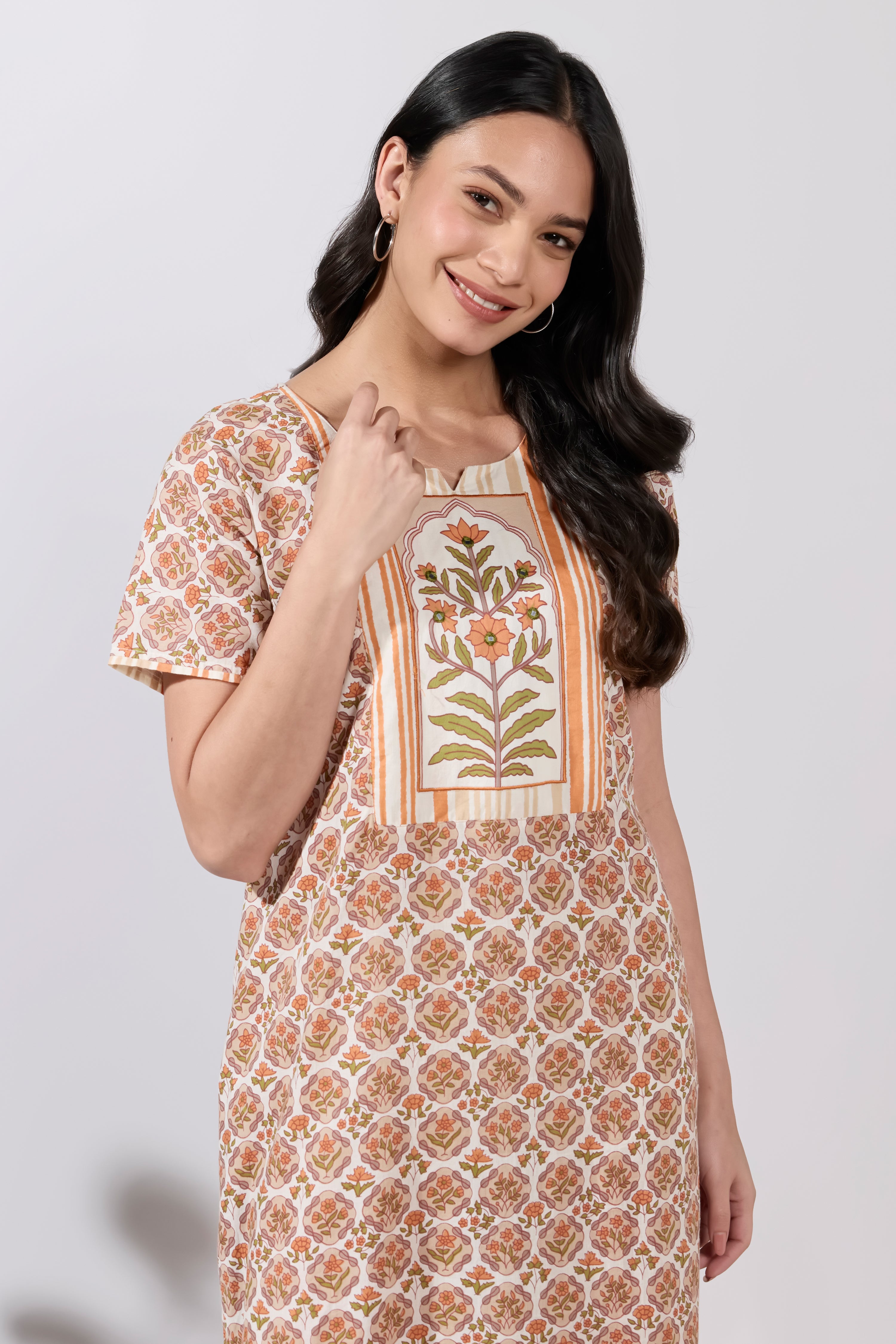 Orange Garden Floral Cotton Nighty with Mughal Floral Yoke