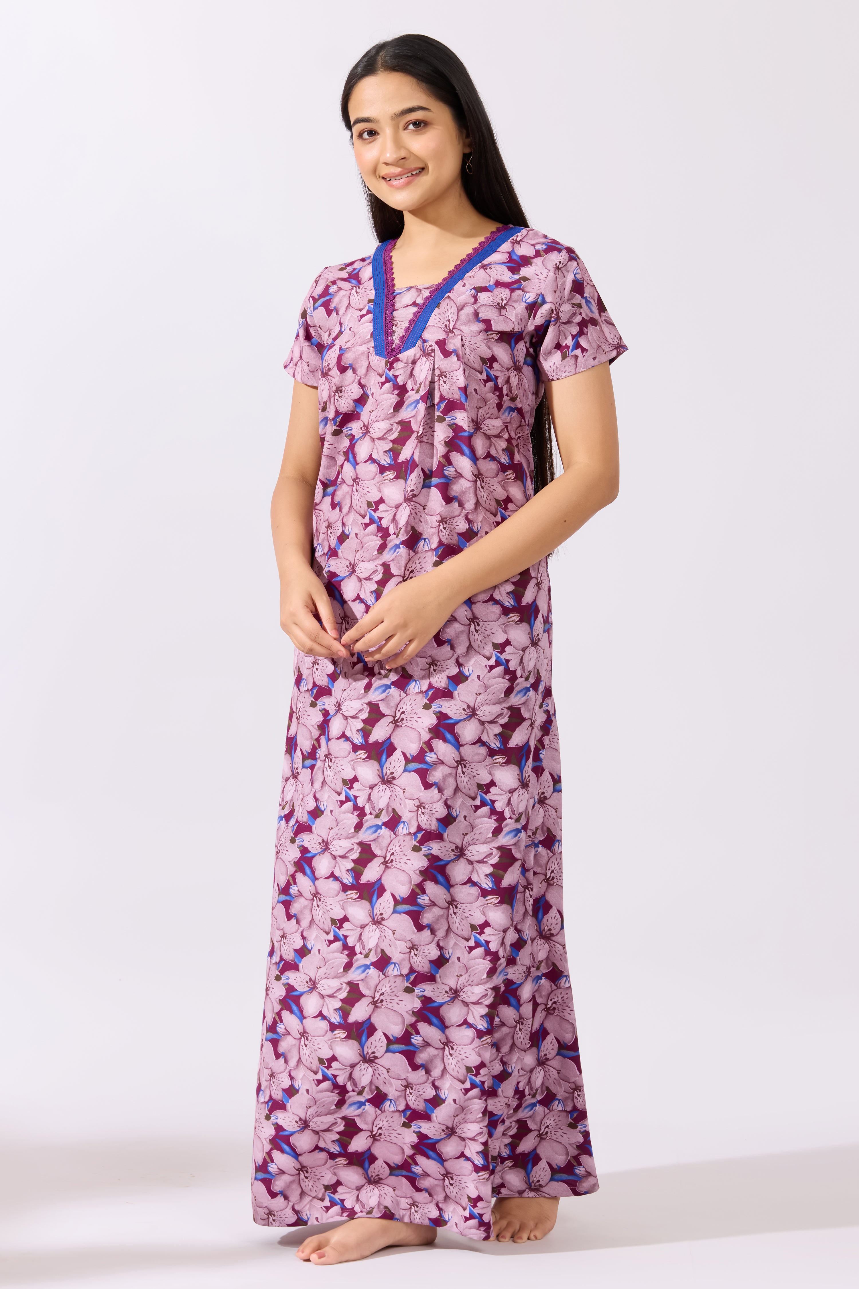 Floral Printed Purple Nighty with Lace Embellished Neckline