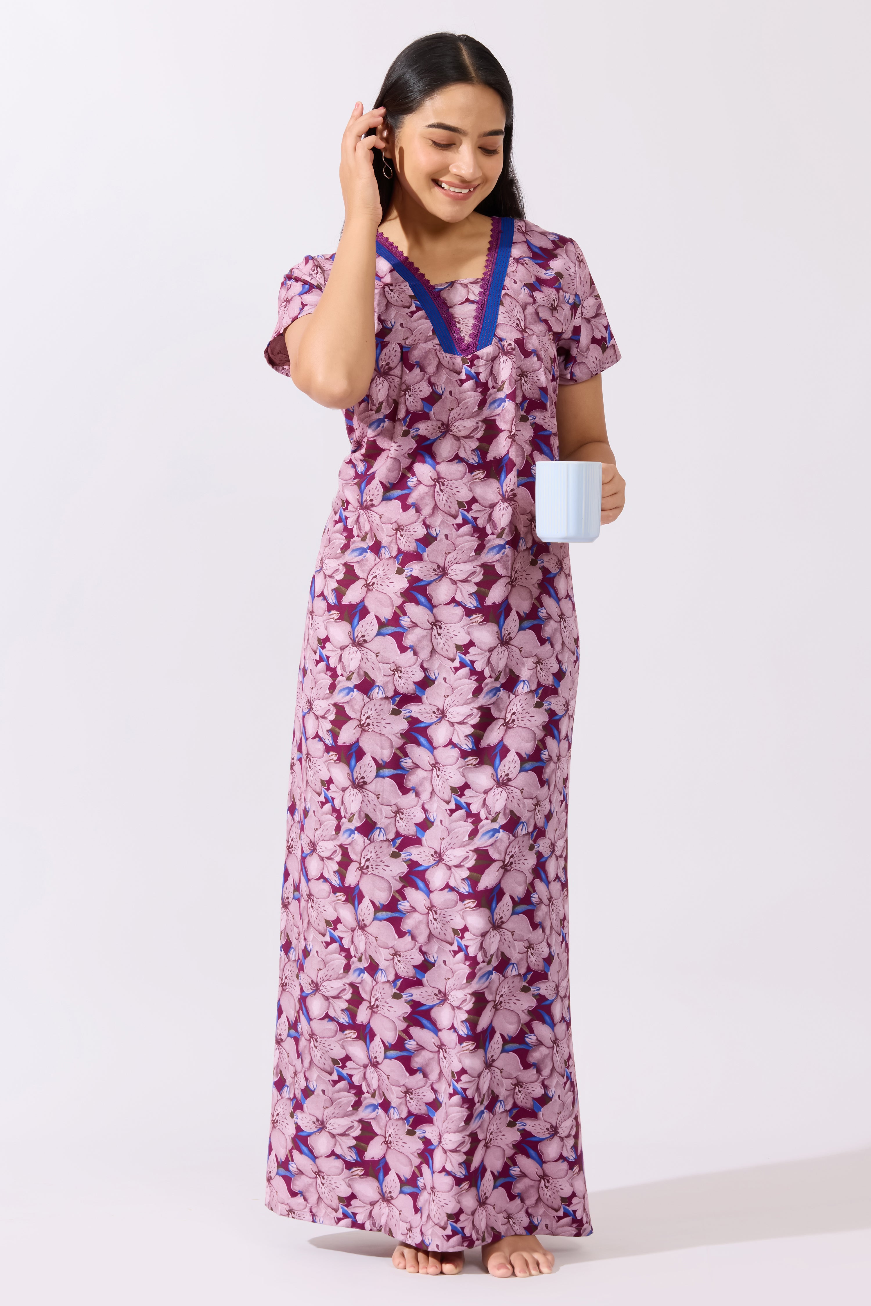 Floral Printed Purple Nighty with Lace Embellished Neckline