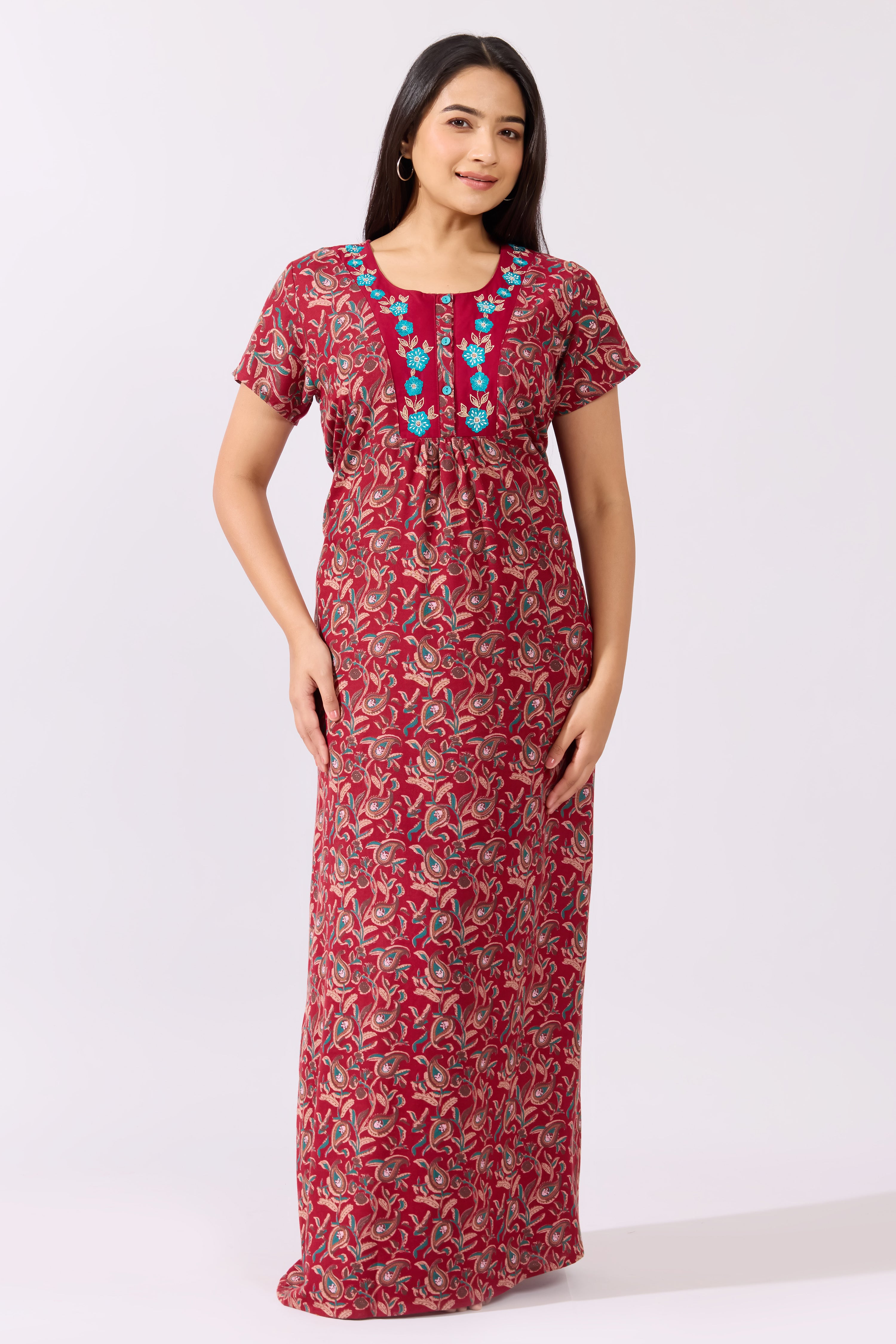Paisley Printed Maroon Nighty with Floral Embroidered Yoke