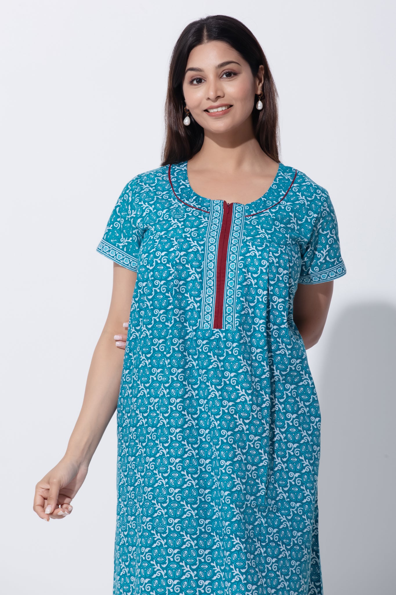 Blue Buttis Printed Nighty with Embroidered Yoke & Foil Mirror Work