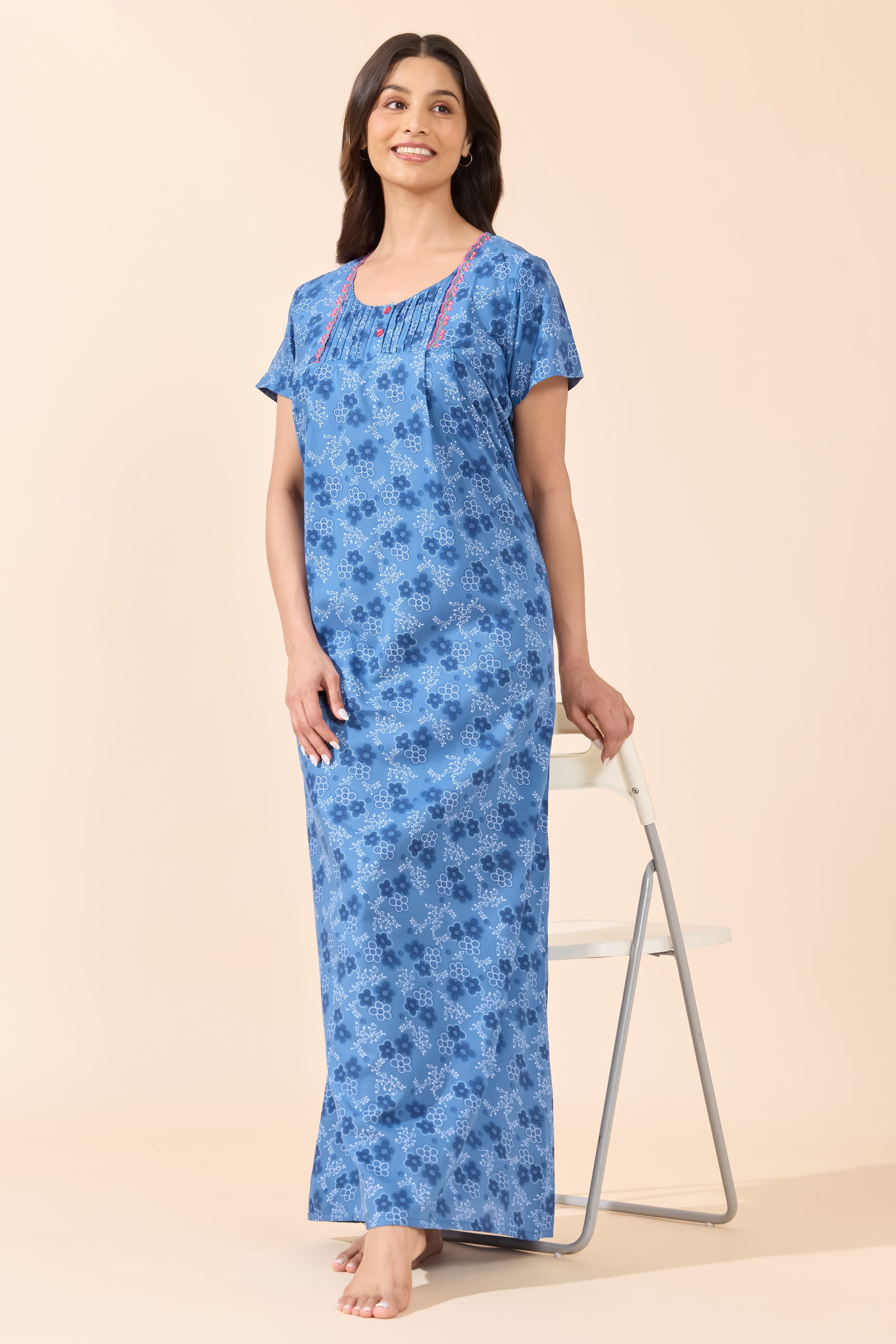 Blue Floral Printed Cotton Nightwear