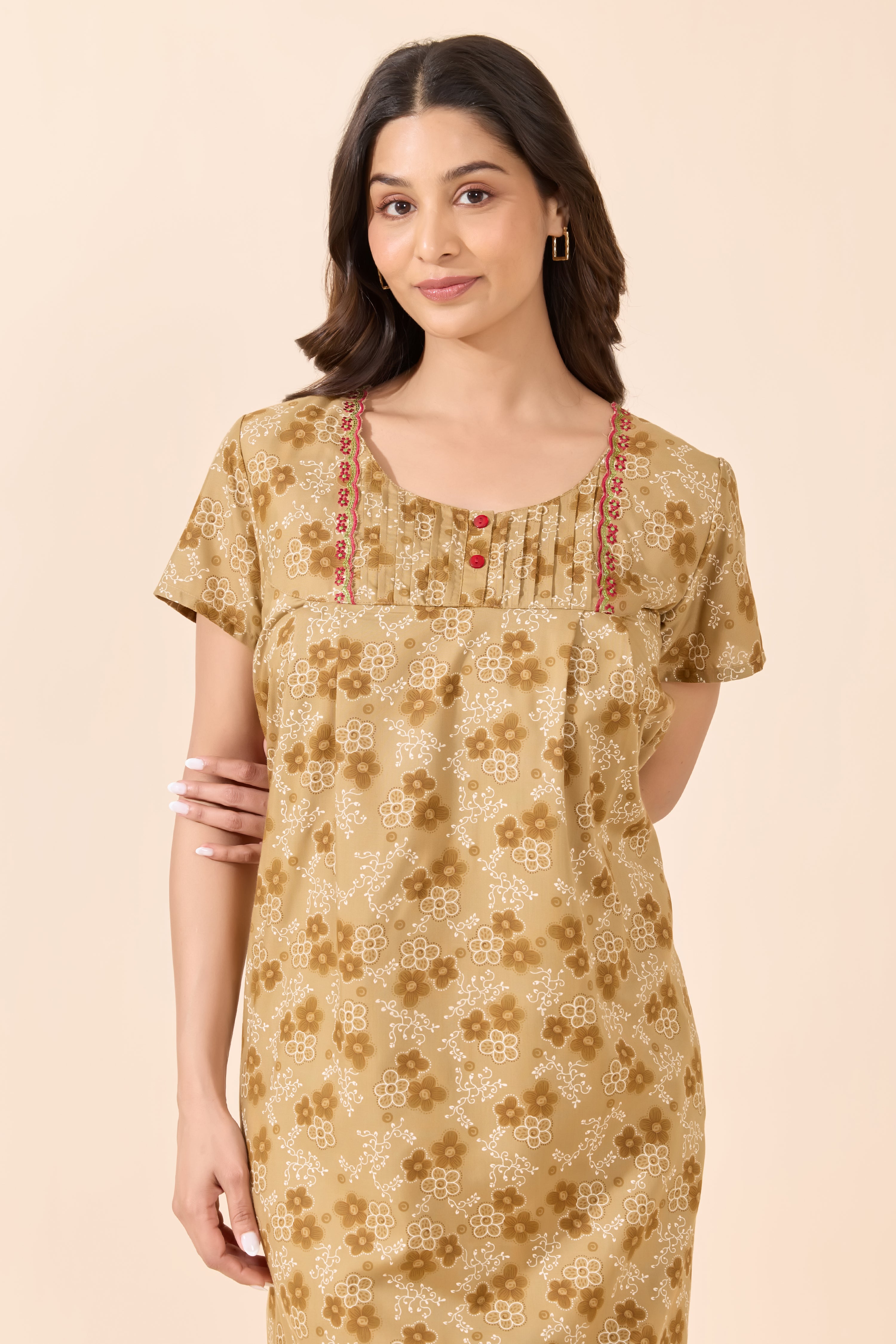 Mustard Floral Printed Cotton Nightwear