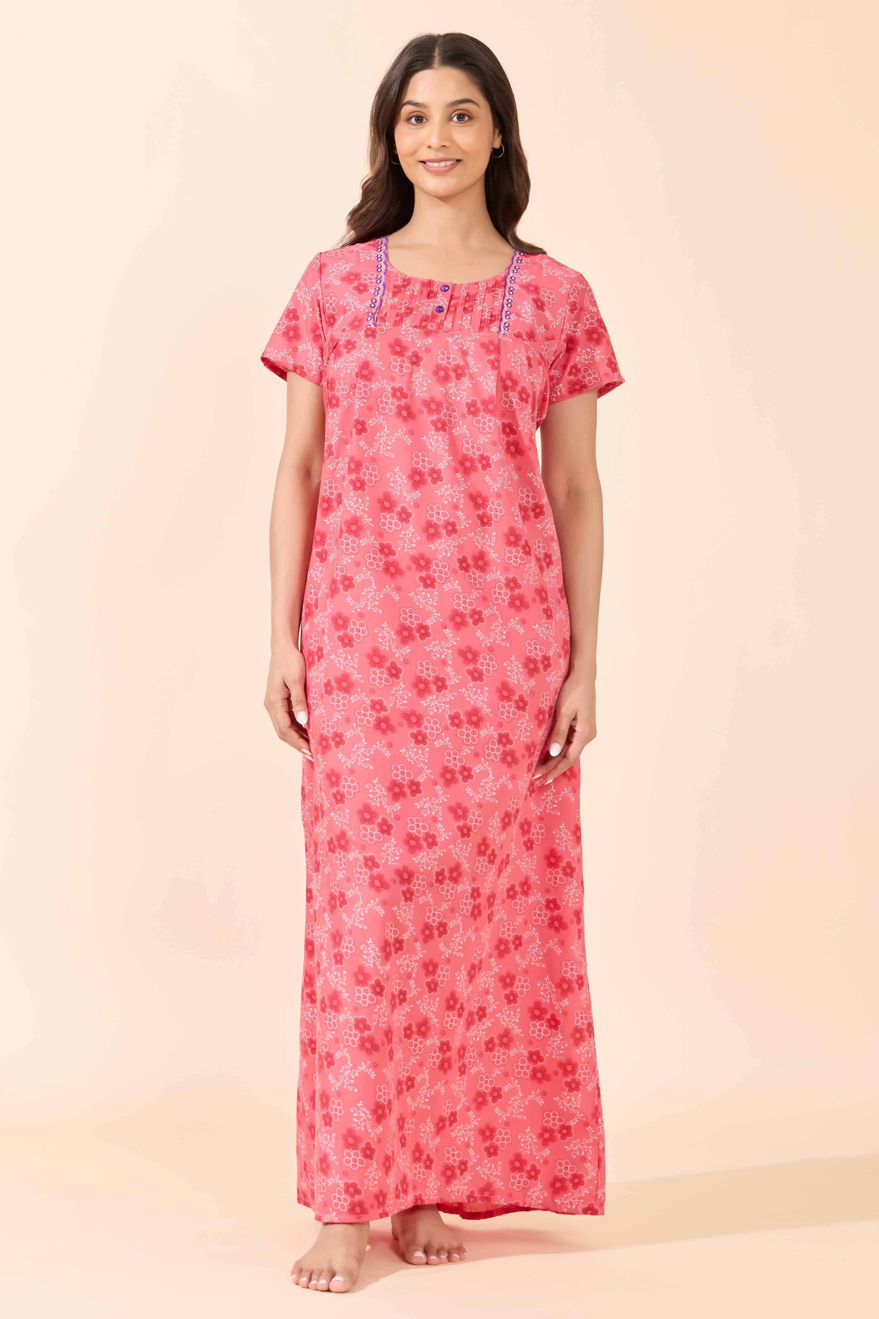 Peach Floral Printed Cotton Nightwear