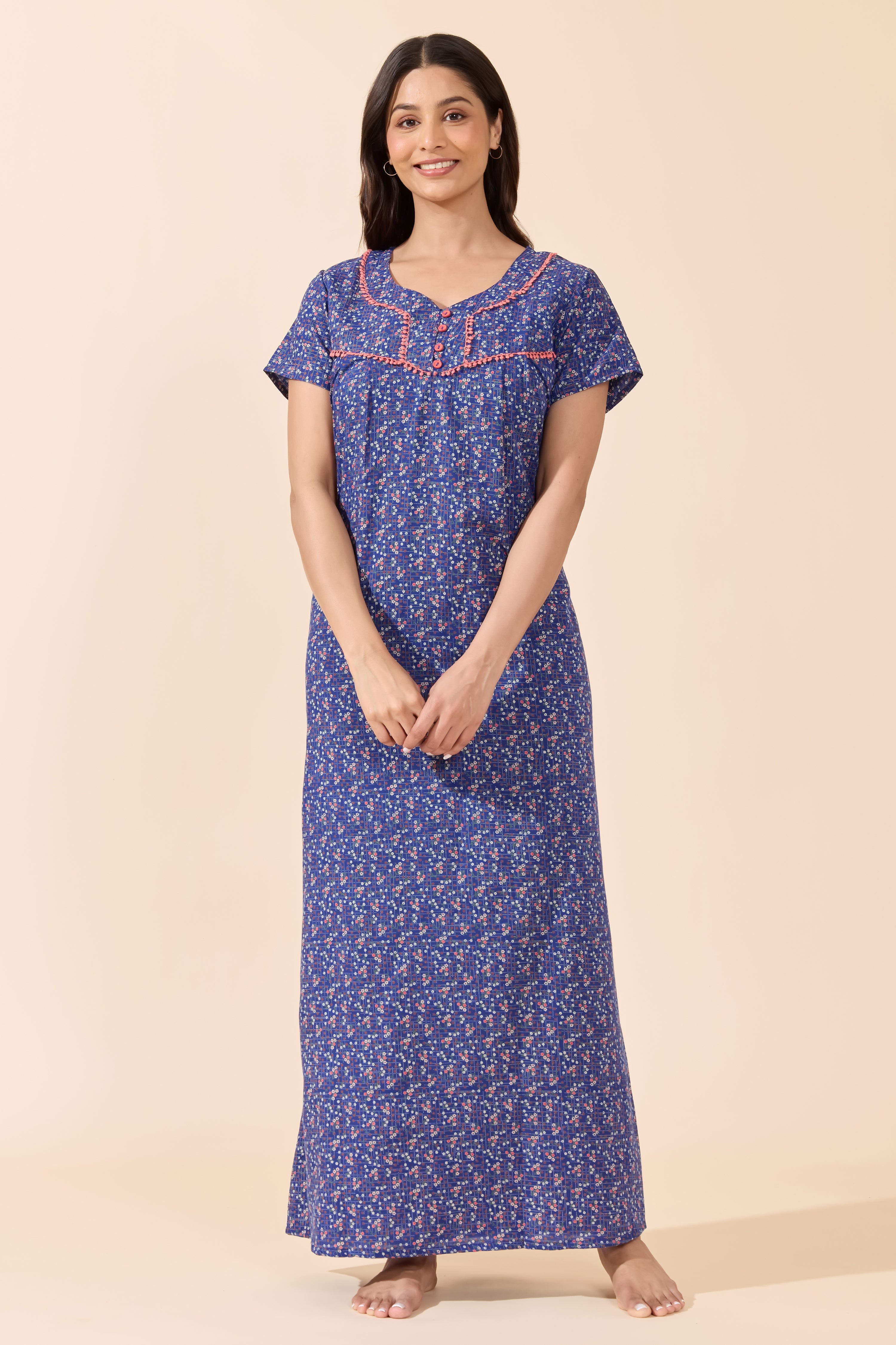 Blue Floral Printed Cotton Nightwear