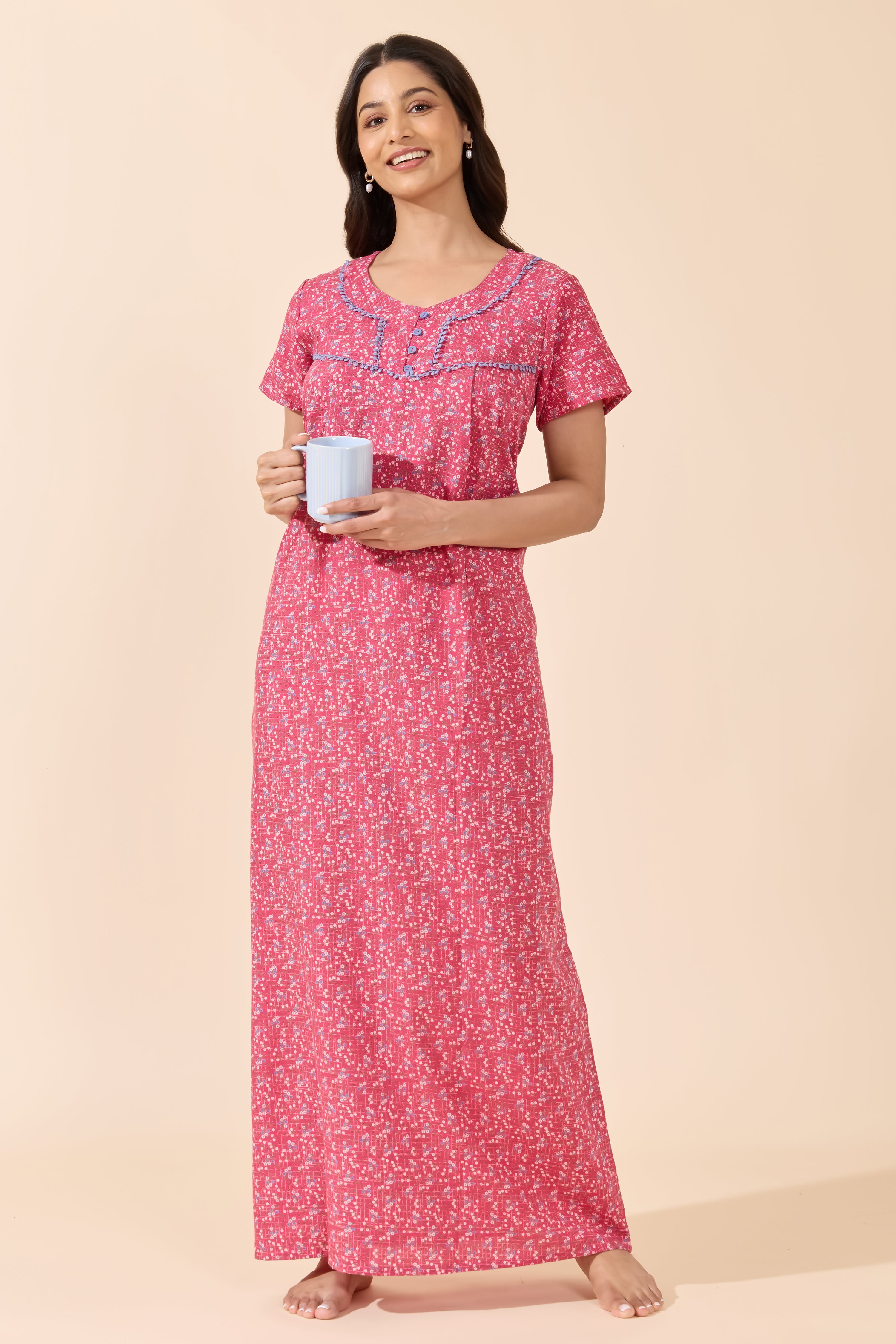 Pink Floral Printed Cotton Nightwear