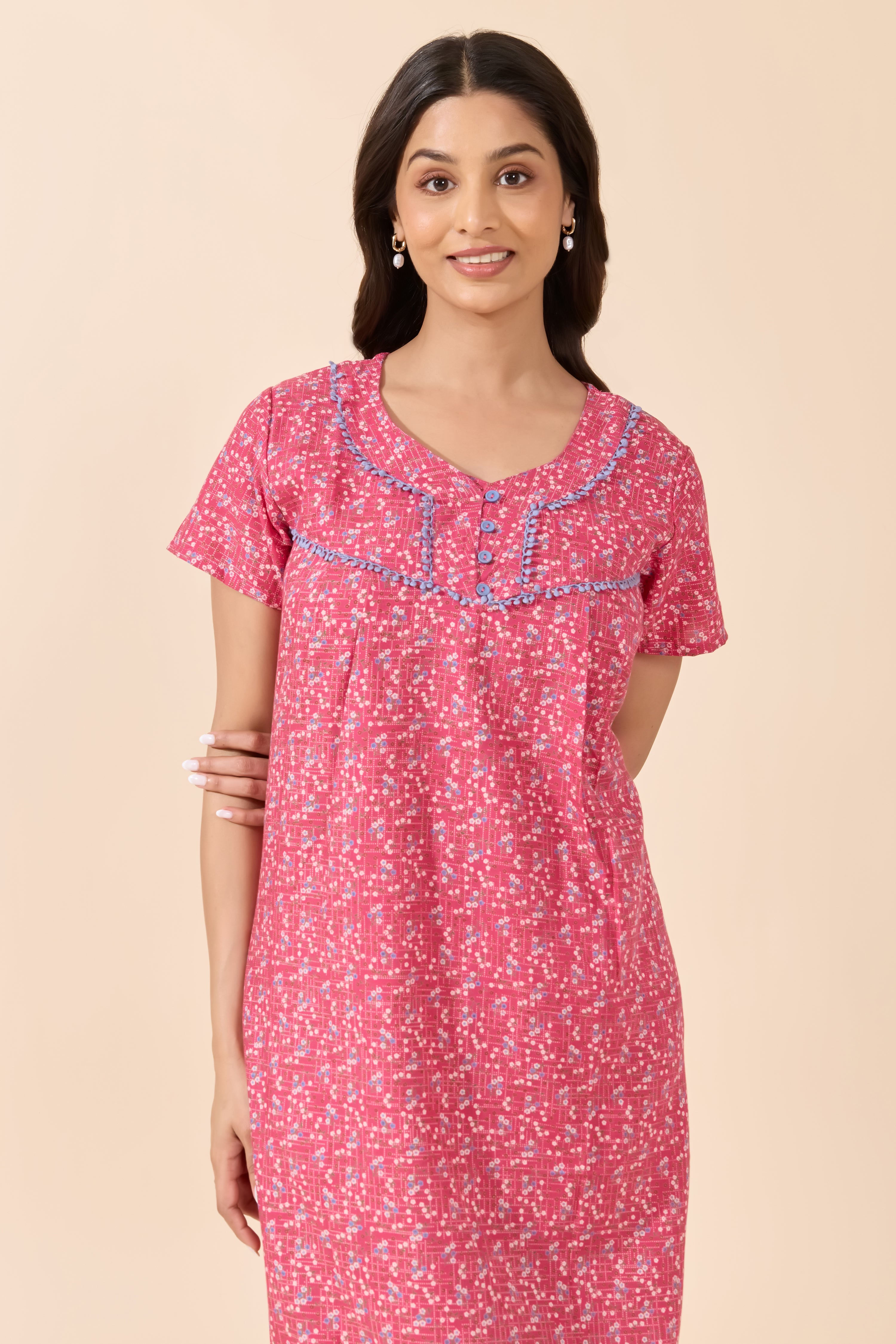 Pink Floral Printed Cotton Nightwear