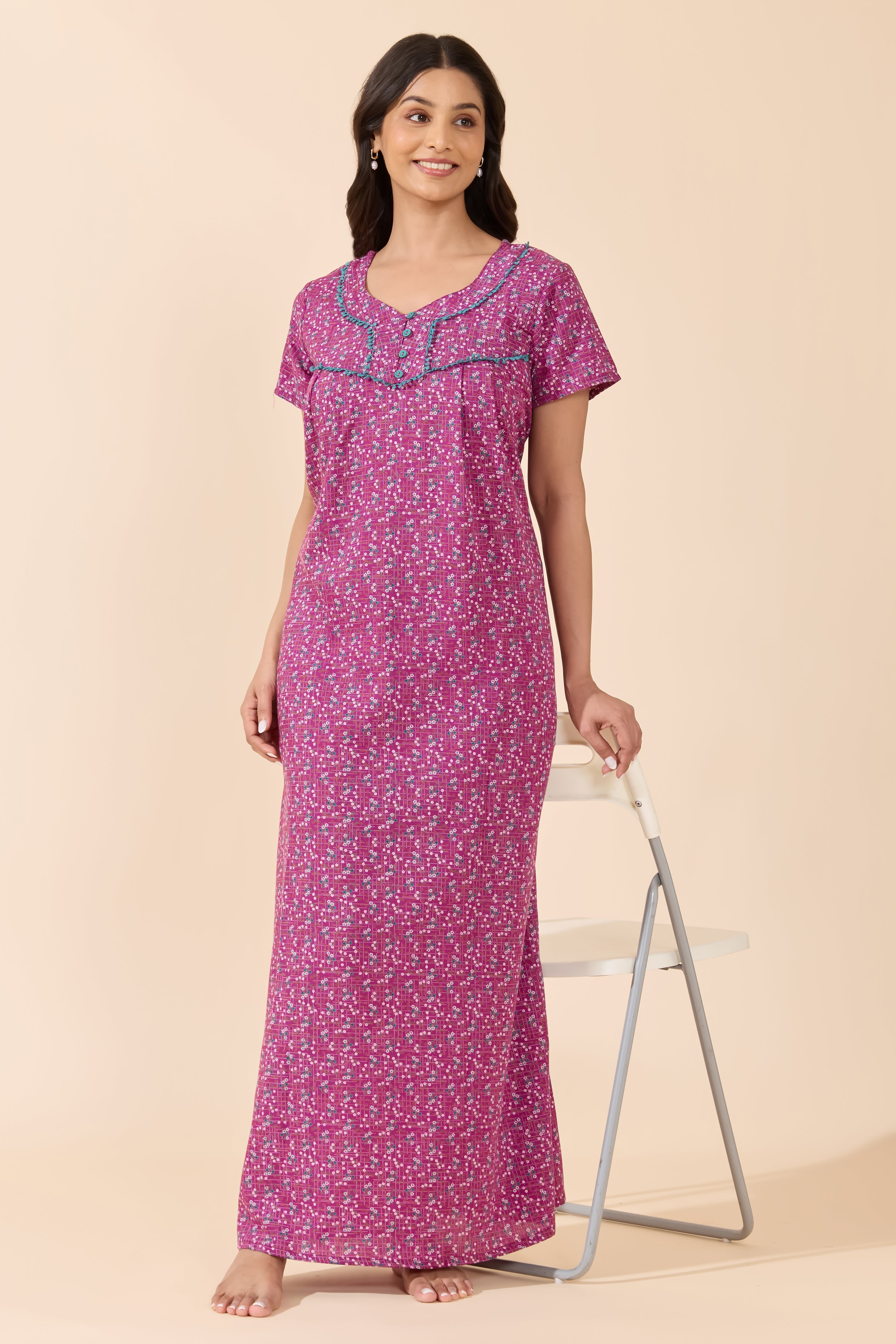 Purple Floral Printed Cotton Nightwear