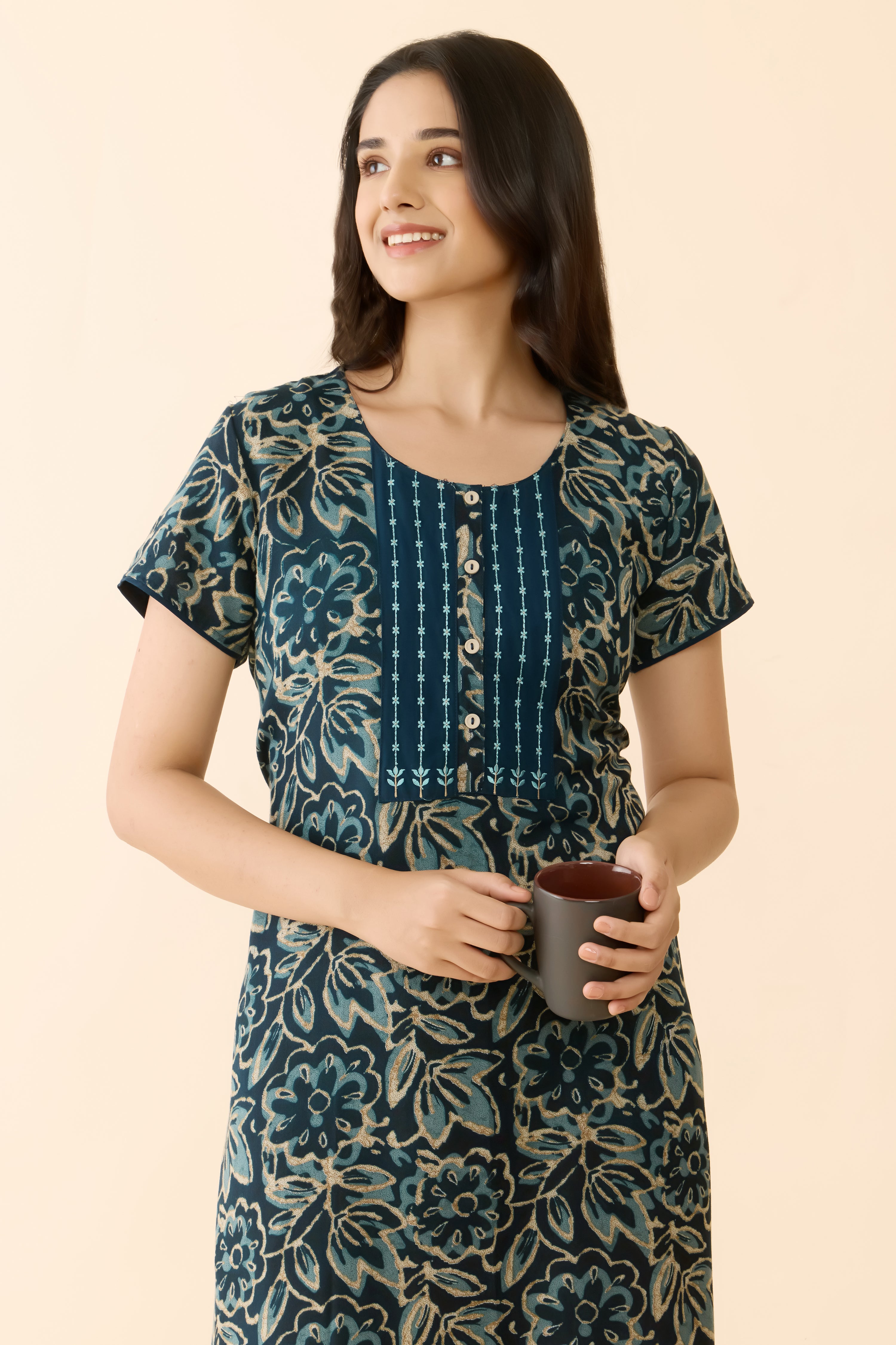 Blue Floral Cotton Nightwear with Striped Embroidered Yoke