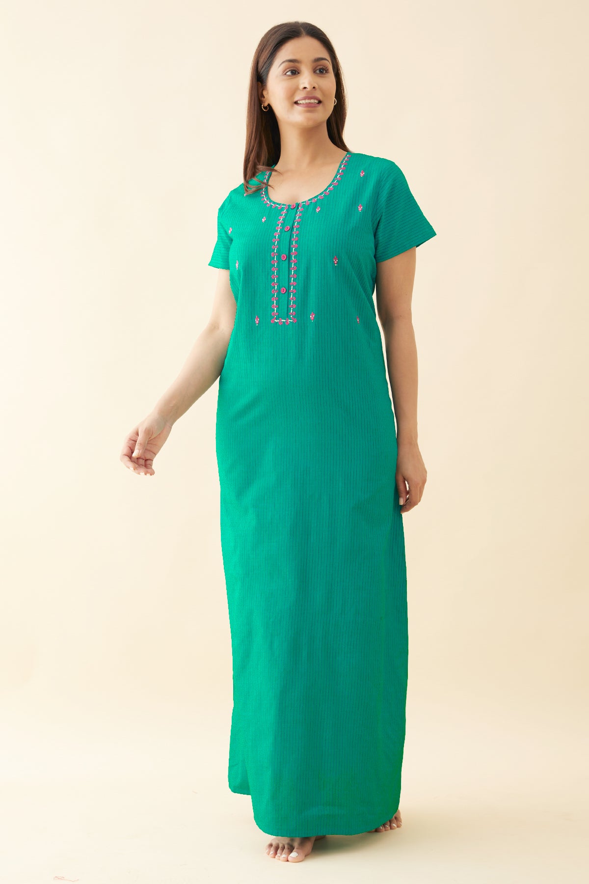 Dobby Embroidered Nighty - Green