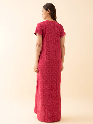 All Over Floral Printed Nighty With Contrast Embroidered Yoke Pink
