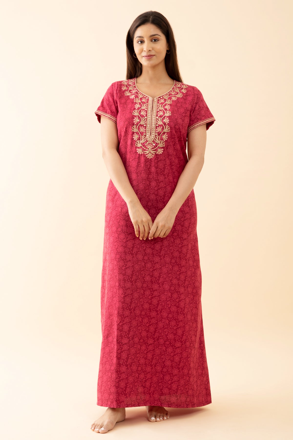 All Over Floral Printed Nighty With Contrast Embroidered Yoke Pink