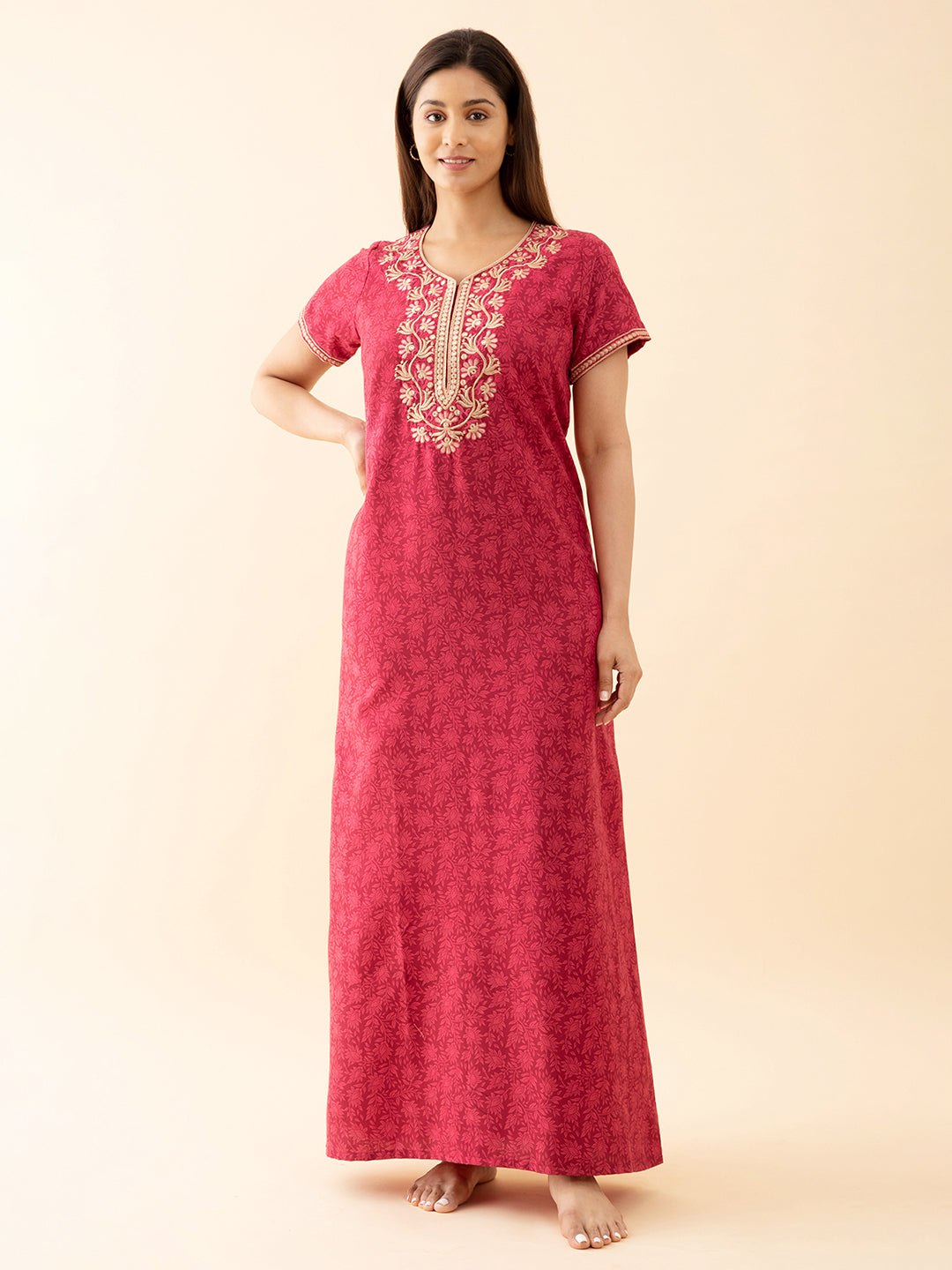 All Over Floral Printed Nighty With Contrast Embroidered Yoke Pink