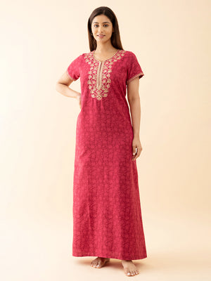 All Over Floral Printed Nighty With Contrast Embroidered Yoke Pink