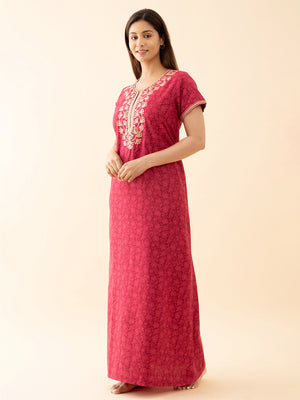 All Over Floral Printed Nighty With Contrast Embroidered Yoke Pink