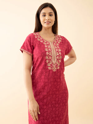 All Over Floral Printed Nighty With Contrast Embroidered Yoke Pink