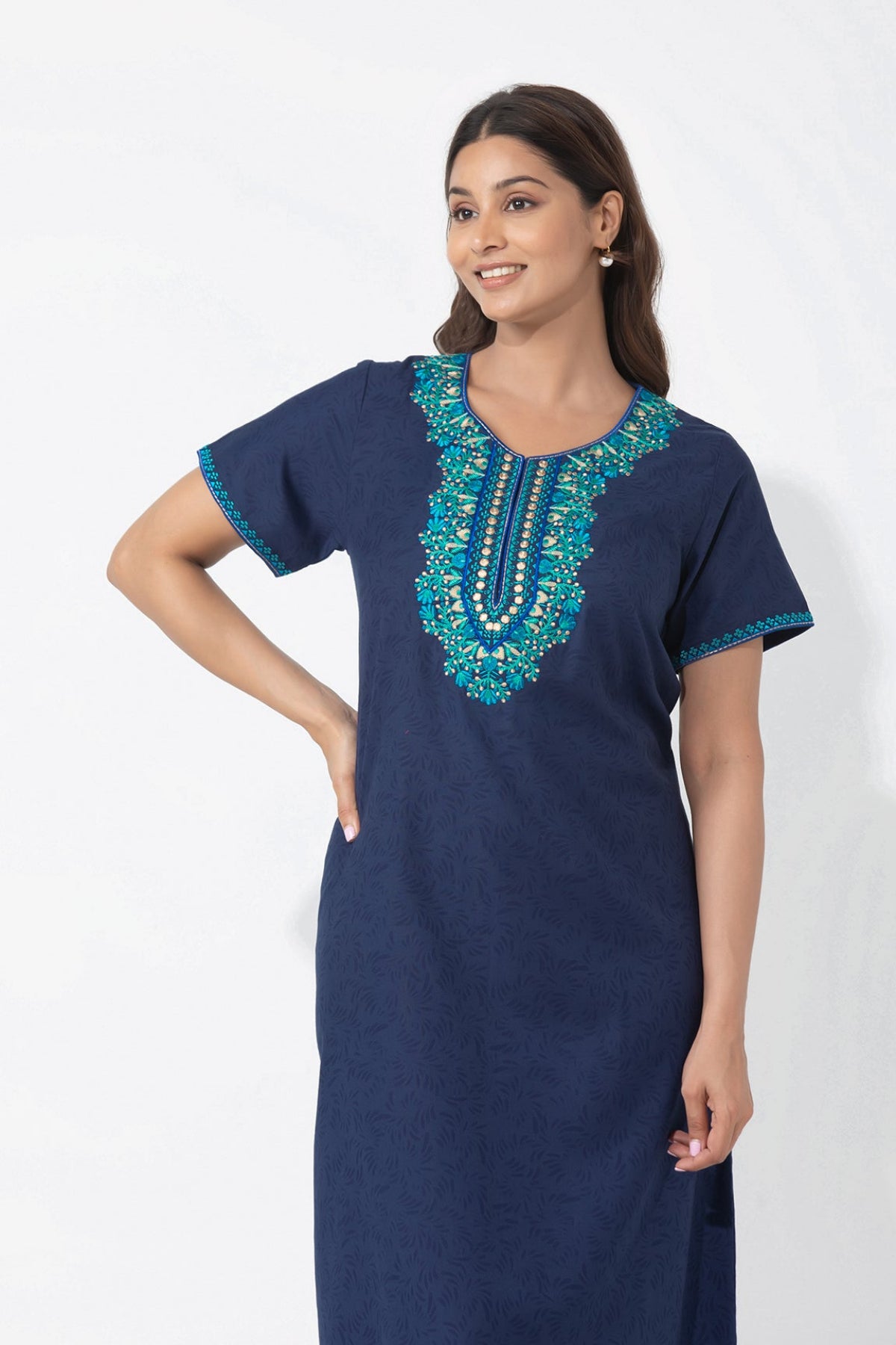 Blue Floral Printed & Embroidered Nighty