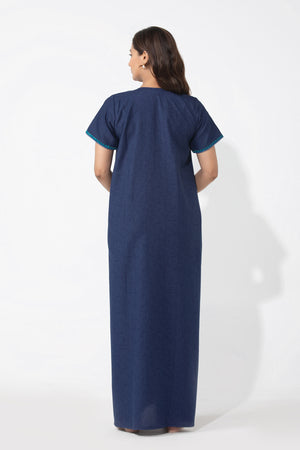 Blue Floral Printed & Embroidered Nighty