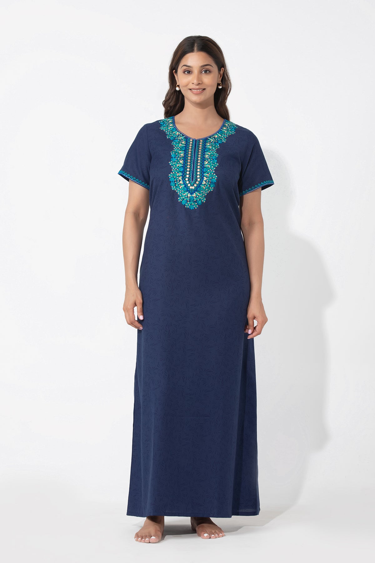 Blue Floral Printed & Embroidered Nighty