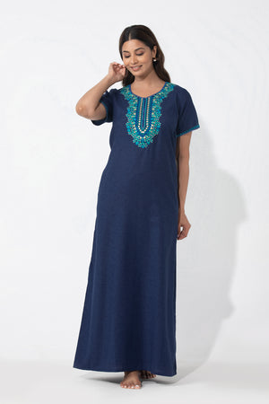 Blue Floral Printed & Embroidered Nighty