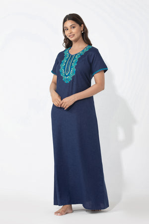 Blue Floral Printed & Embroidered Nighty