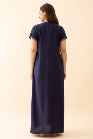 Solid With Contrast Floral Embroidered Yoke Nighty Blue