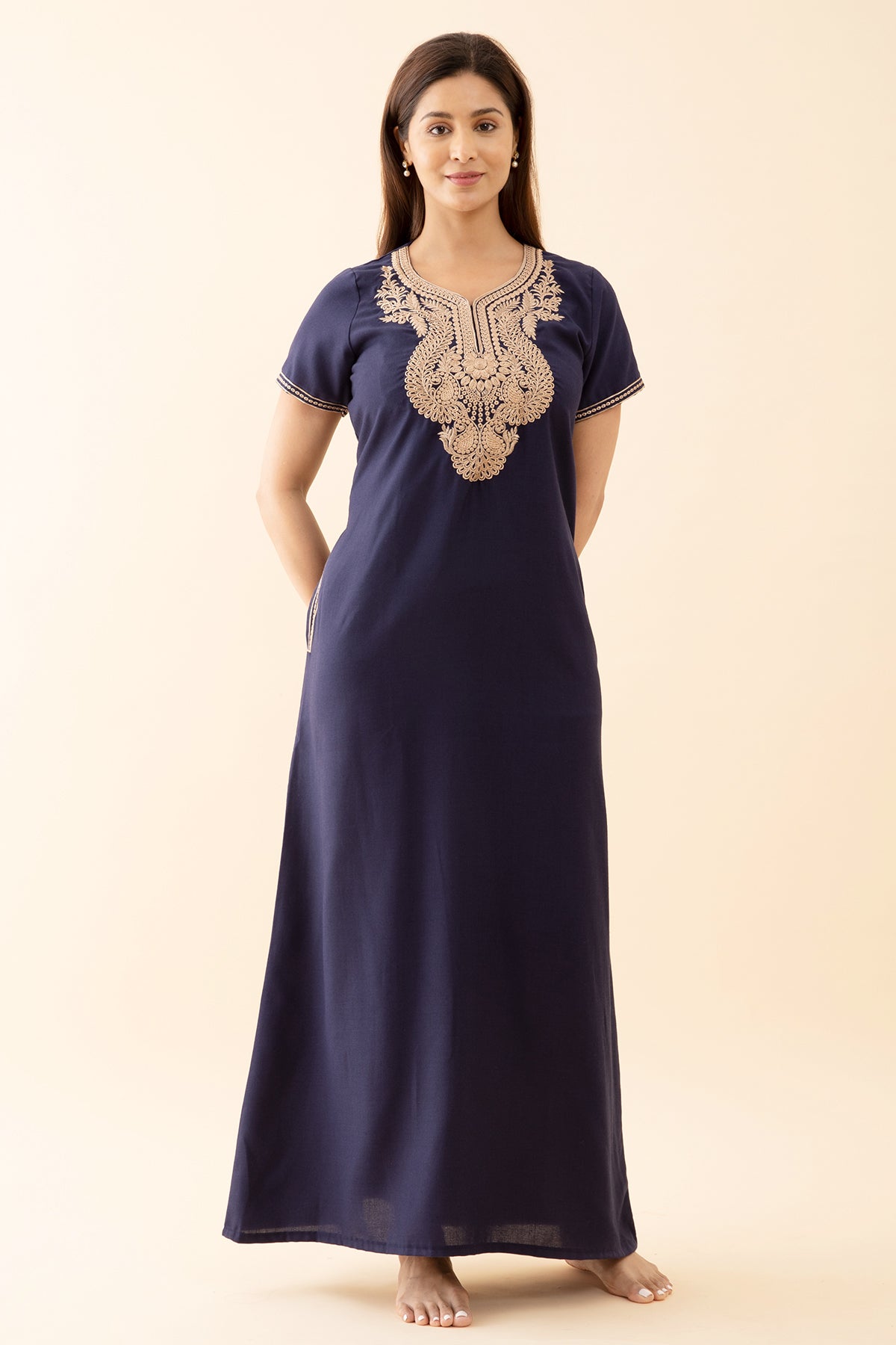 Solid With Contrast Floral Embroidered Yoke Nighty Blue