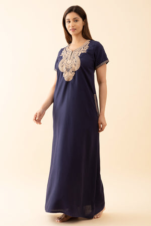 Solid With Contrast Floral Embroidered Yoke Nighty Blue