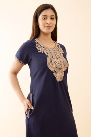 Solid With Contrast Floral Embroidered Yoke Nighty Blue