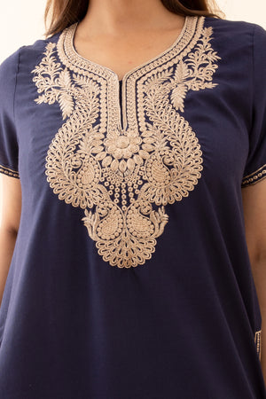 Solid With Contrast Floral Embroidered Yoke Nighty Blue