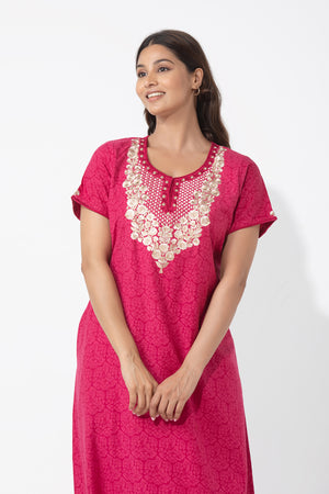 Monotone Floral Printed Magenta Nighty with Embroidered Yoke