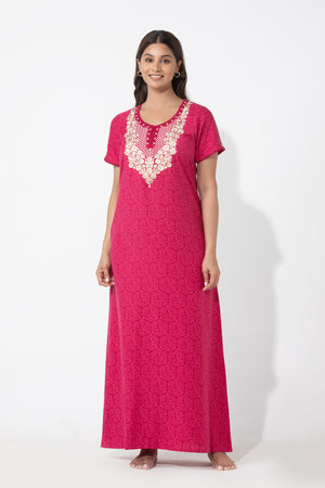 Monotone Floral Printed Magenta Nighty with Embroidered Yoke