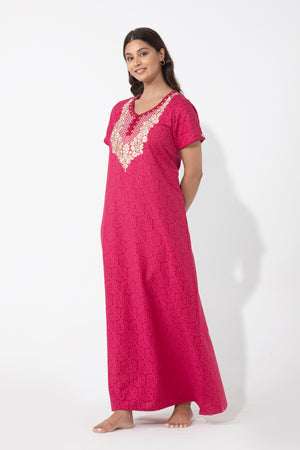 Monotone Floral Printed Magenta Nighty with Embroidered Yoke
