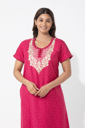 Monotone Floral Printed Magenta Nighty with Embroidered Yoke