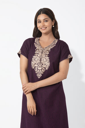 Damasl Floral Printed & Paisley Embroidered Nighty