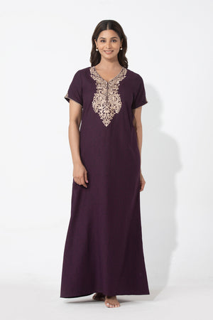 Damasl Floral Printed & Paisley Embroidered Nighty