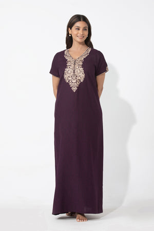 Damasl Floral Printed & Paisley Embroidered Nighty