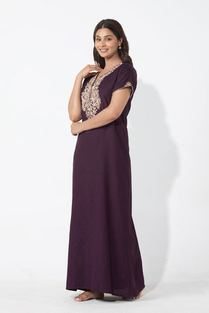 Damasl Floral Printed & Paisley Embroidered Nighty