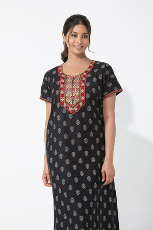 Floral Printed & Embroidered Black Nighty