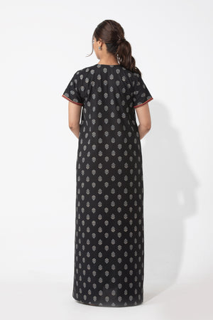 Floral Printed & Embroidered Black Nighty